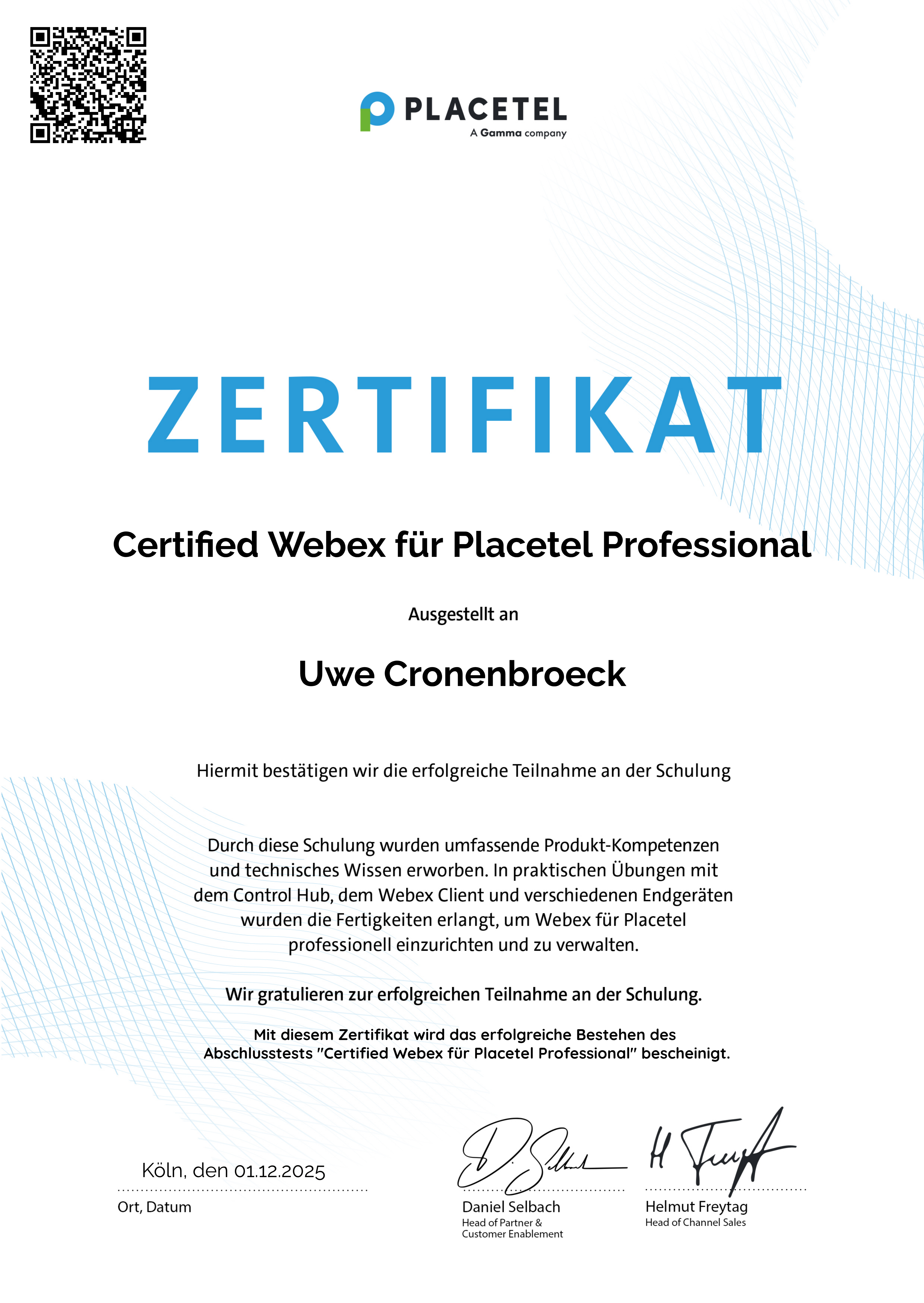 Placetel Webex Professional Zertifikat - Uwe Cronenbroeck